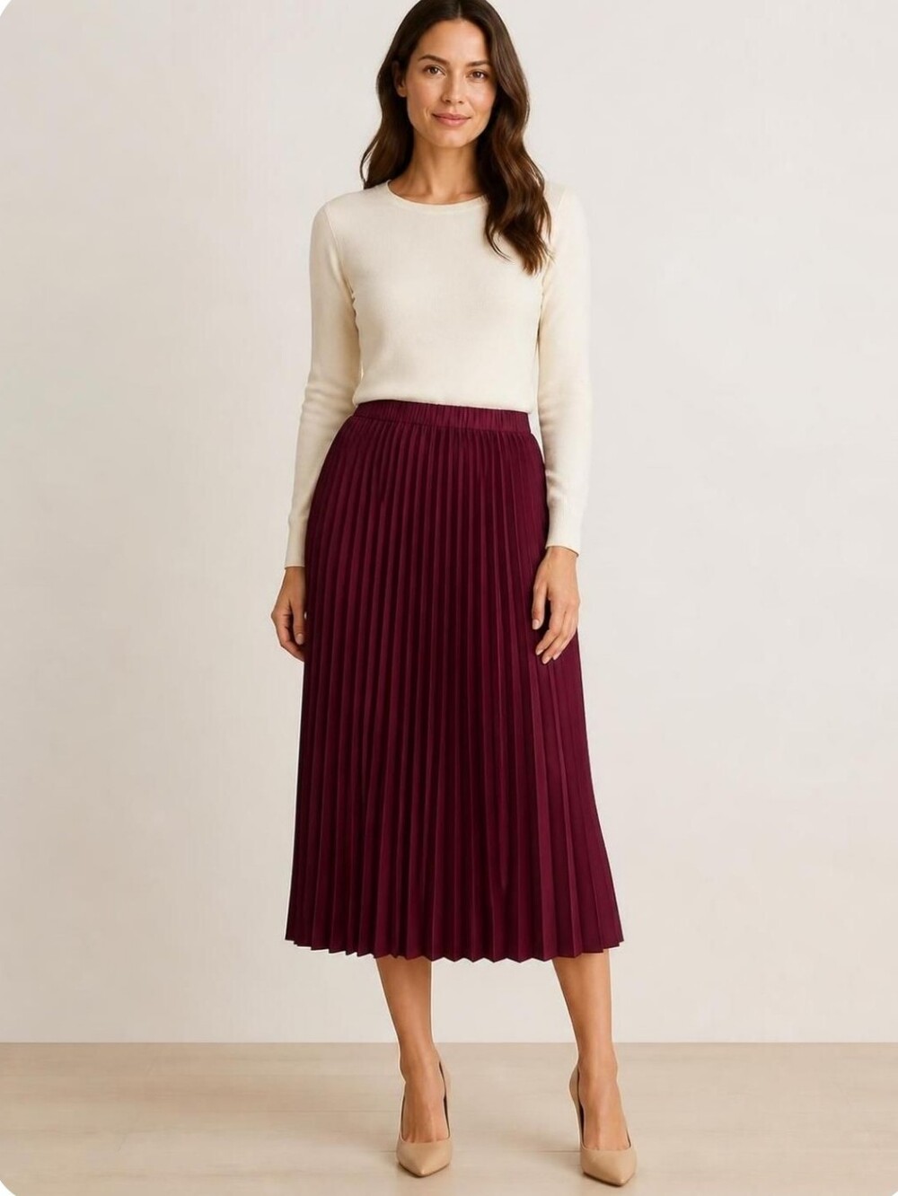 Anne Klein Midi Skirt, Size L, Plum Wine, Knife Pleats, Elastic Waist